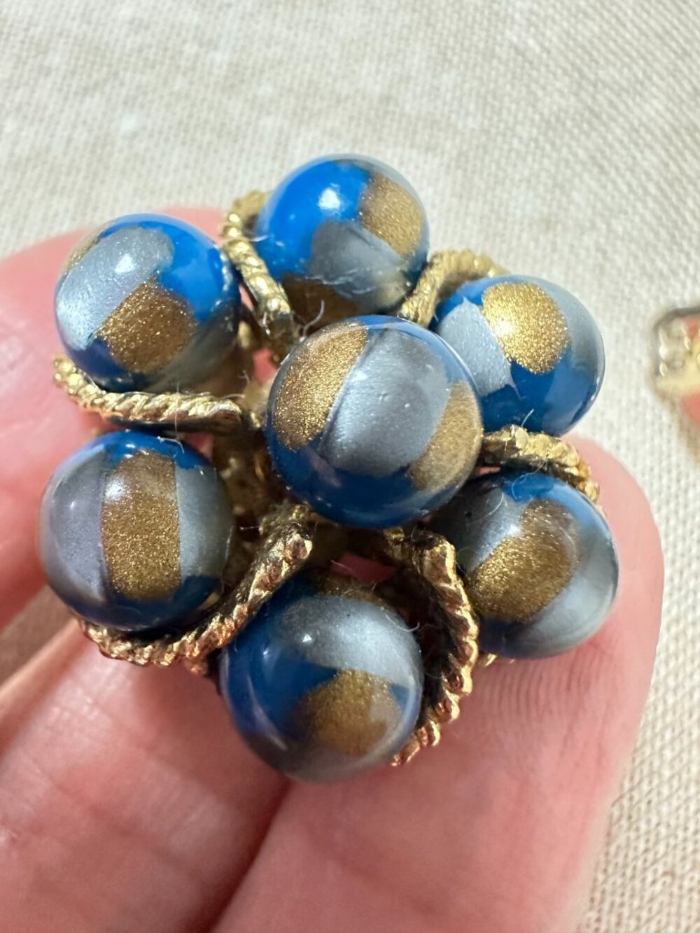 Kramer Clip-On Earrings Blue Gray Gold Art Plastic Cluster Signed 1.5”